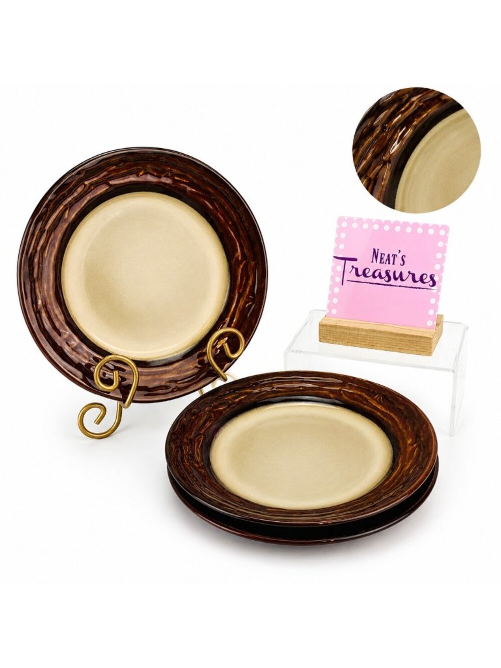 Linden Street WILLOW LANE RUST Embossed Rim Stoneware Lunch Salad  Plates Set 3